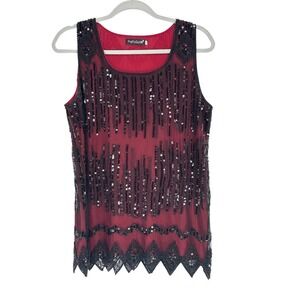 Whimsigoth Fairy Top Womens Large Red Black Beaded Sequins Flapper Event Gatsby